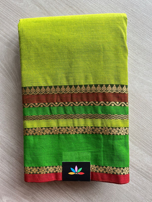 Lime Green with Rust Red Border Simple Chettinad Cotton Saree - 24965