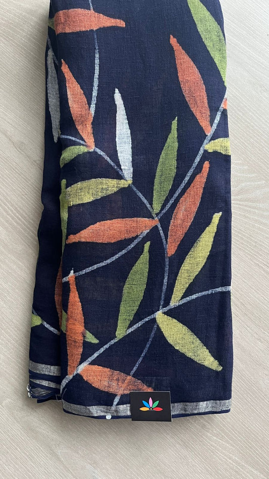 Designer Handblock Printed Fine Linen Saree-25156