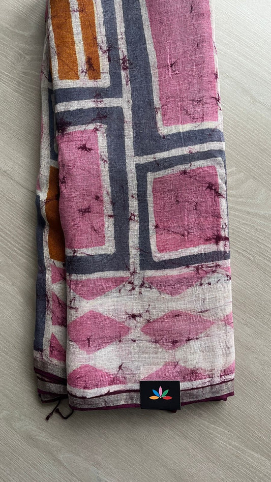 Designer Handblock Printed Fine Linen Saree-25140