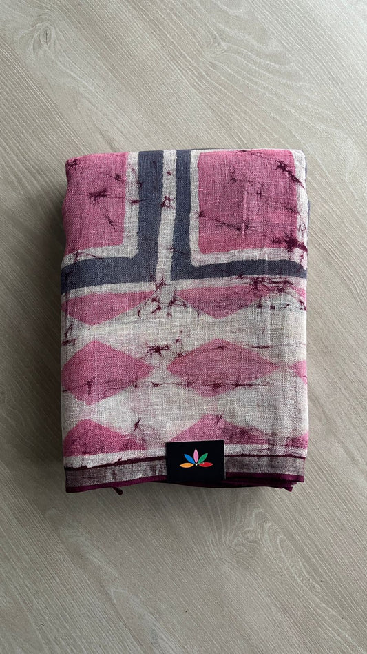 Designer Handblock Printed Fine Linen Saree-25140