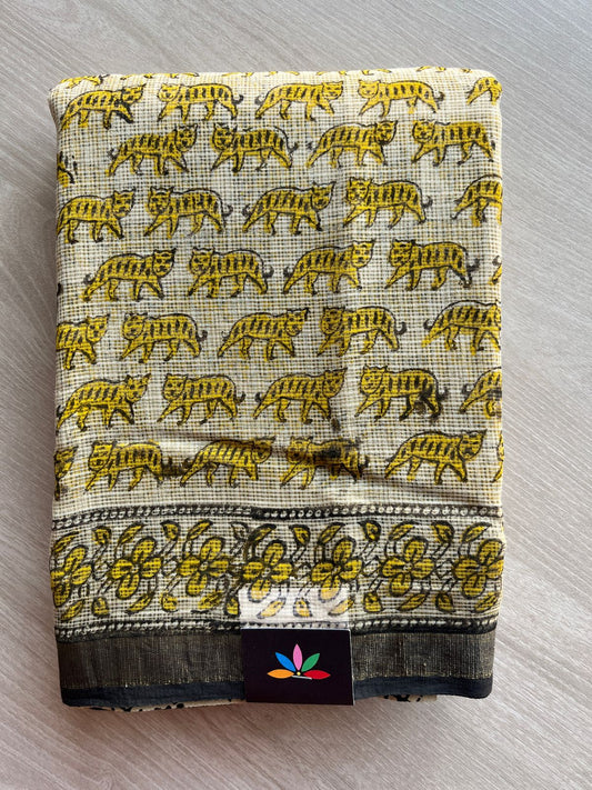 Soft Beige Handblock Printed Kota Doria Saree -25263-25264