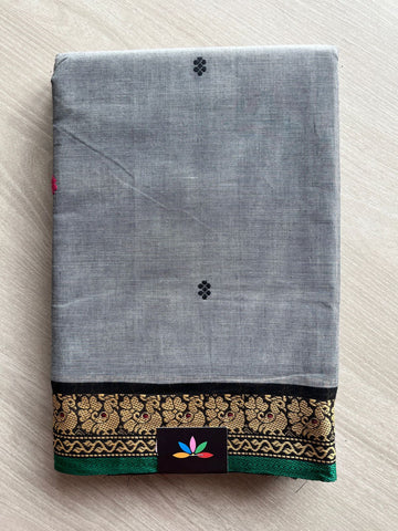 Grey with Bottle Green Thread Border Chettinad Cotton Saree - 25348