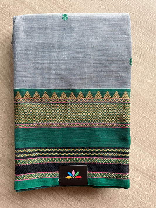 Steel Grey with Emerald Green Thread Border Chettinad Cotton Saree - 25358