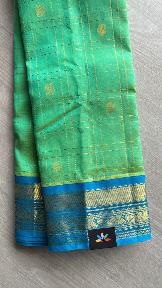 Zari Checked Silk Cotton Saree with Blue Contrast Korvai Border-25366