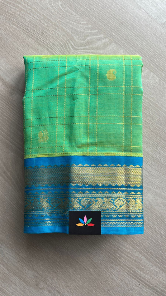 Zari Checked Silk Cotton Saree with Blue Contrast Korvai Border-25366