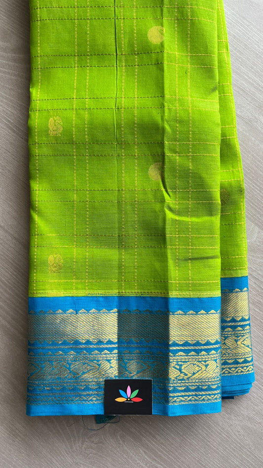 Zari Checked Silk Cotton Saree with Blue Contrast Korvai Border-25368