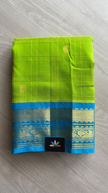 Zari Checked Silk Cotton Saree with Blue Contrast Korvai Border-25368