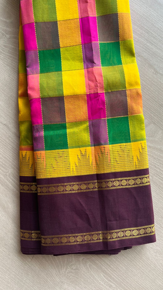 Multi Colour Checked Silk Cotton Saree with Thazhampoo Korvai Border -25369-25370