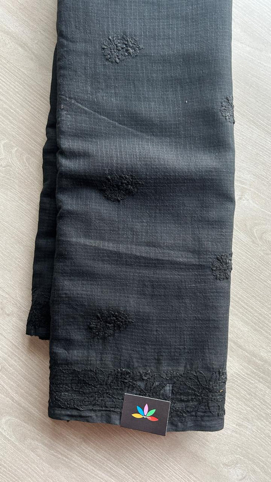 Hand embroidered Chikankari Kota Cotton Saree - 25453-25454