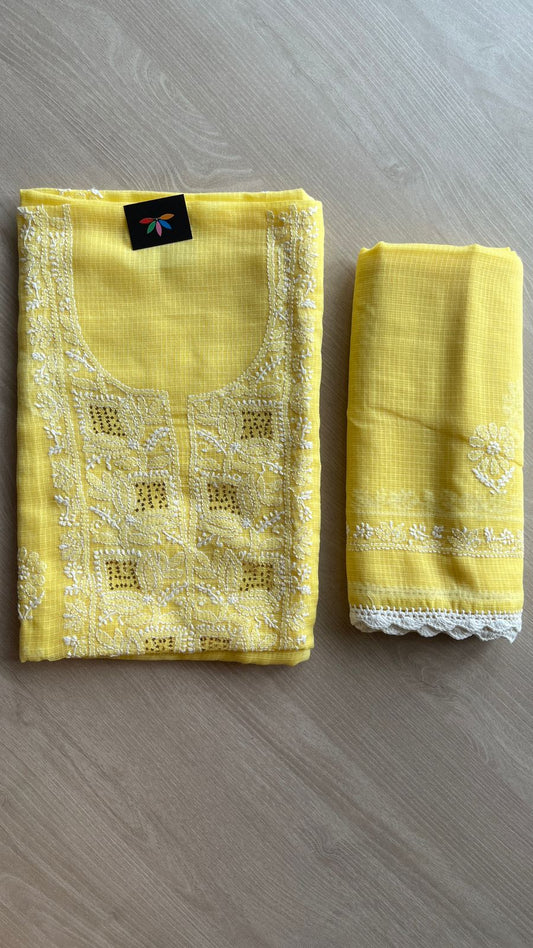 Handembroidered Chikankari Kota Kurti Fabric with Dupatta- 25469