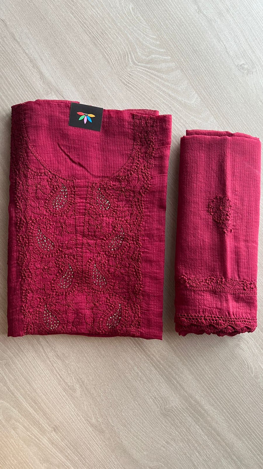 Handembroidered Chikankari Kota Kurti Fabric with Dupatta- 25472