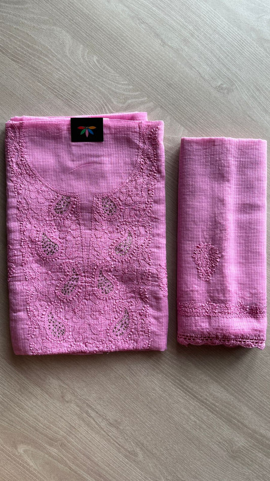 Handembroidered Chikankari Kota Kurti Fabric with Dupatta- 25473