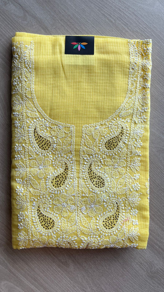 Handembroidered Chikankari Kota Kurti Fabric with Dupatta- 25475