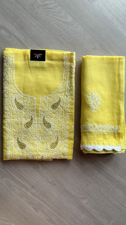 Handembroidered Chikankari Kota Kurti Fabric with Dupatta- 25475
