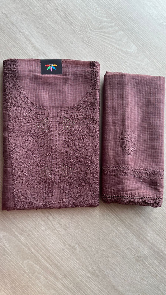 Handembroidered Chikankari Kota Kurti Fabric with Dupatta- 25476