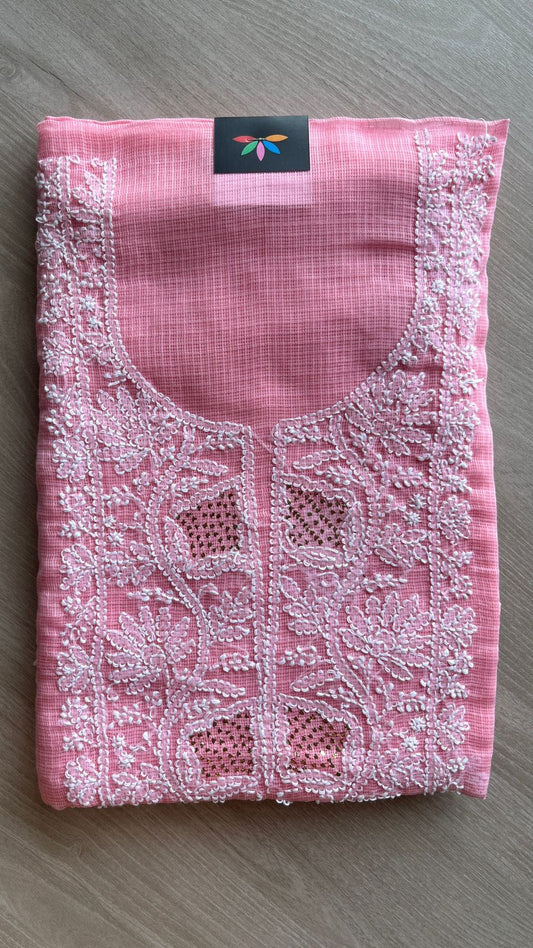 Handembroidered Chikankari Kota Kurti Fabric with Dupatta- 25477