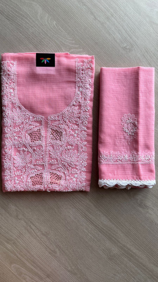 Handembroidered Chikankari Kota Kurti Fabric with Dupatta- 25477