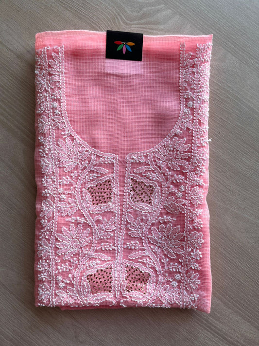 Handembroidered Chikankari Kota Kurti Fabric with Dupatta- 25477