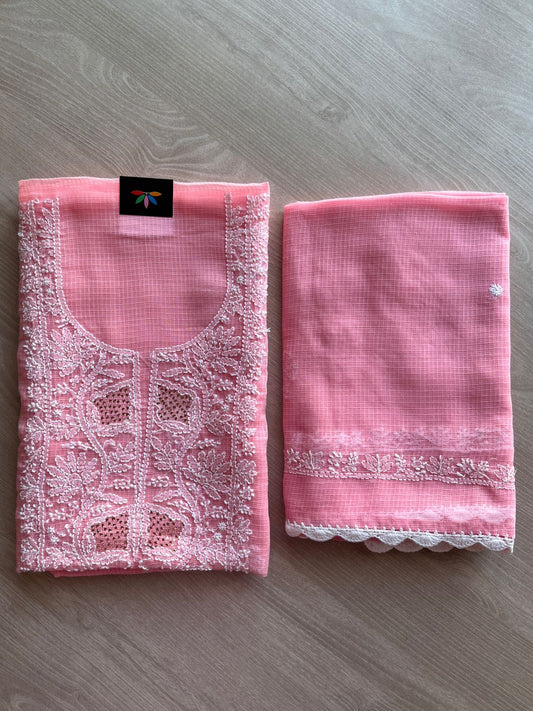 Handembroidered Chikankari Kota Kurti Fabric with Dupatta- 25477