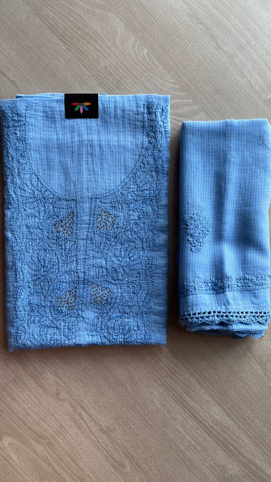 Handembroidered Chikankari Kota Kurti Fabric with Dupatta- 25478