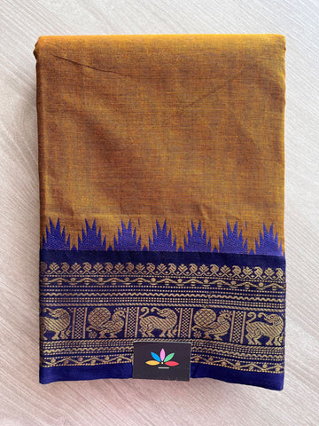 Antique Mustard Gold with Royal Blue Zari Border Chettinad Cotton Saree - 25550