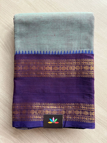 Pastel Teal with Navy Blue Rani Pink Zari Border Chettinad Cotton Saree - 25558