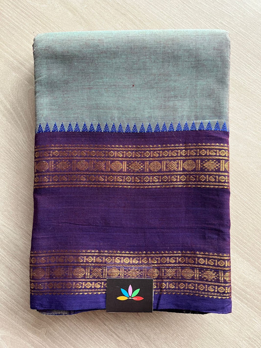 Pastel Teal with Navy Blue Rani Pink Zari Border Chettinad Cotton Saree - 25558