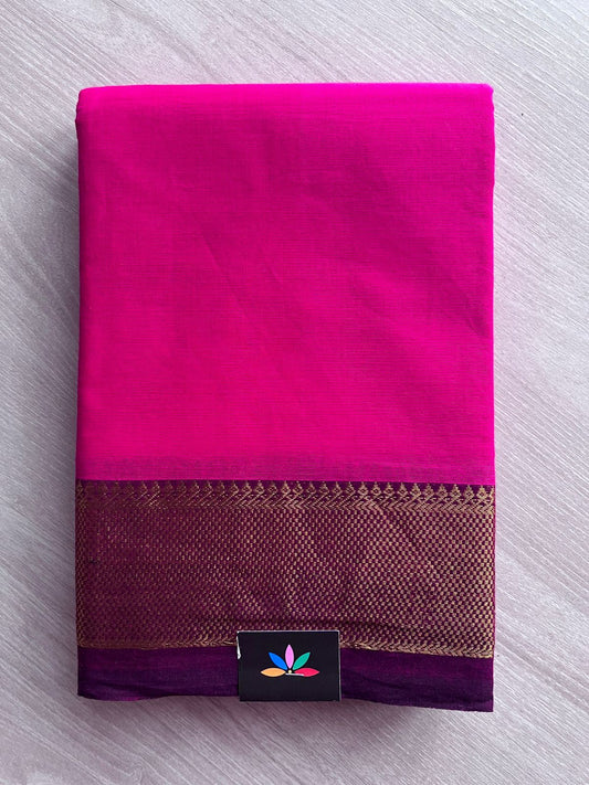 Royal Rani Pink with Deep Magentta Zari Border Chettinad Cotton Saree - 25569