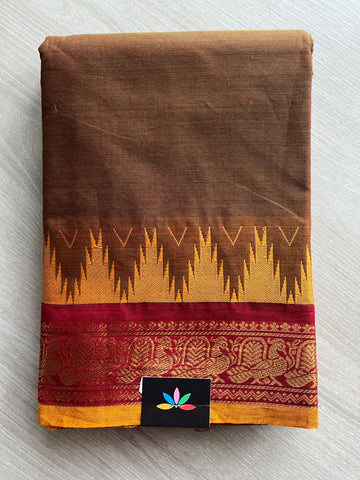 Mocha Brown with Wine Red Zari Border Chettinad Cotton Saree - 25599
