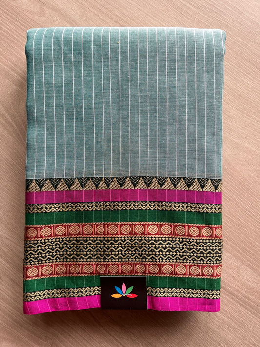 Stripped Long Border Narayanpet Mercerized Cotton Saree -25632-25633