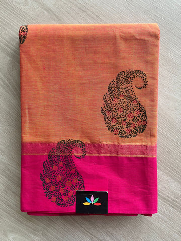 Double Tone (Rust Orange/Bright Yellow) Block Printed Cotton Saree-25755