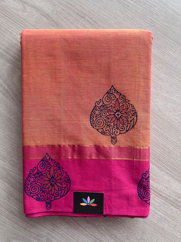 Double Tone (Rust Orange/Bright Yellow) Block Printed Cotton Saree-25758