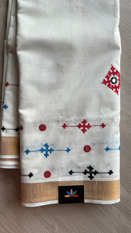 Gujarati Stitch with Kantha Stitch Kerala Cotton Saree -25821