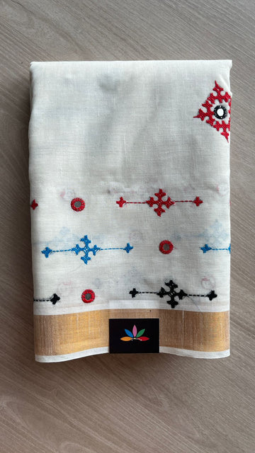 Gujarati Stitch with Kantha Stitch Kerala Cotton Saree -25821