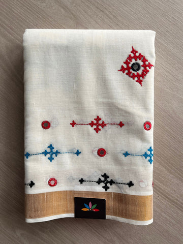 Gujarati Stitch with Kantha Stitch Kerala Cotton Saree -25821