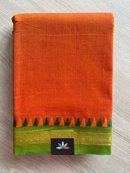 Coral Orange with Light Green Zari Border Chettinad Cotton Saree - 25824