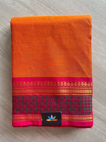 Sunset Orange with Rani Pink Thread Border Chettinad Cotton Saree - 25849