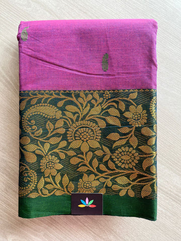 Lavendar Pink with Bottle Green color Zari Border Chettinad Cotton Saree - 25854