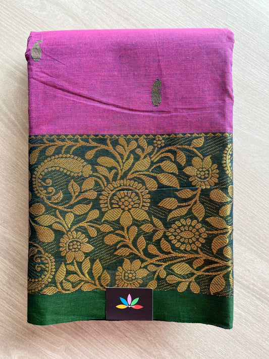 Lavendar Pink with Bottle Green color Zari Border Chettinad Cotton Saree - 25854