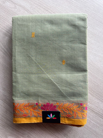 Smoky Sage with Floral Rust Border Thread Border Chettinad Cotton Saree - 25859