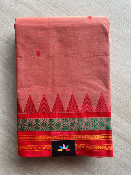 Peach color with Red and Emerald Green Thread Border Chettinad Cotton Saree - 25861