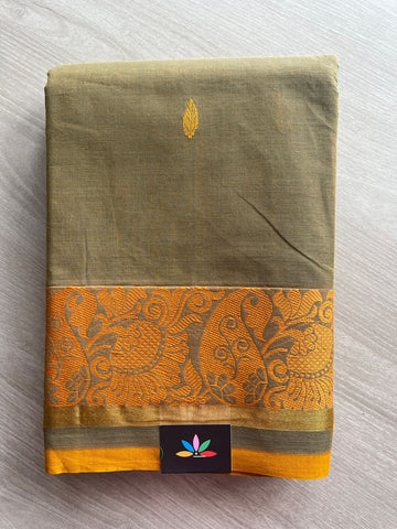 Mehendi Olive color with Mustard Yellow Thread Border Chettinad Cotton Saree - 25867