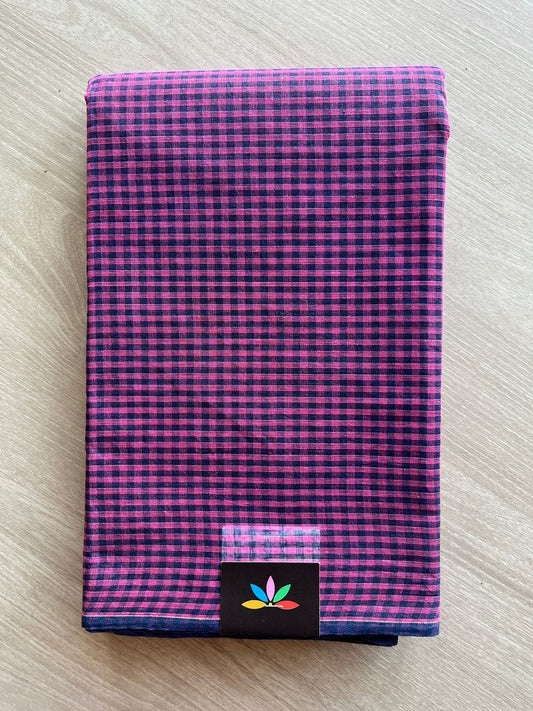 Bright Pink and Dark Navy Blue Small Checked Cotton Starched Saree (Without blouse)- 29418