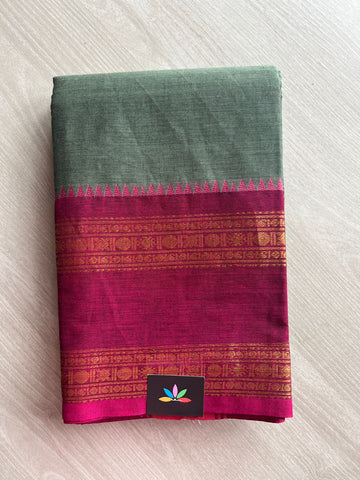 Greyish Sage color with Rani Pink and Black color Zari Border Chettinad Cotton Saree - 26326