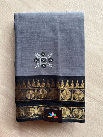 Steel Grey with Black and Gold Border Handblock Block Printed Chettinad Cotton Saree - 26452