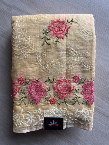 Soft Beige Machine Embroidered Kota Saree -26523