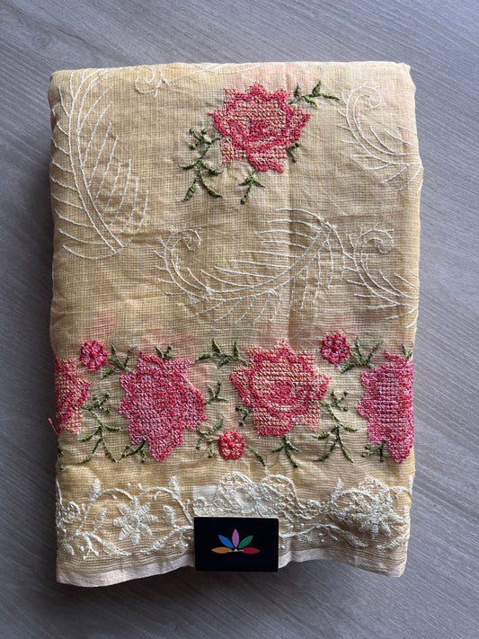 Soft Beige Machine Embroidered Kota Saree -26523