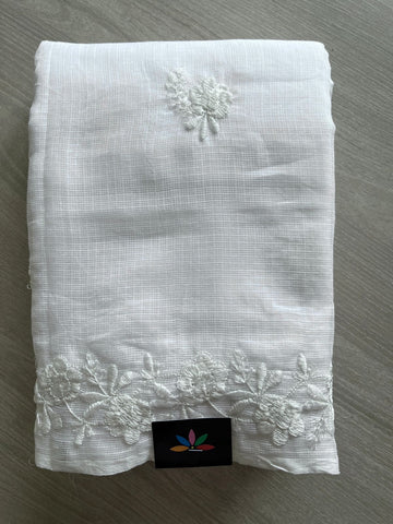 Bright White Machine Embroidered Kota Saree (Without Blouse) -26564