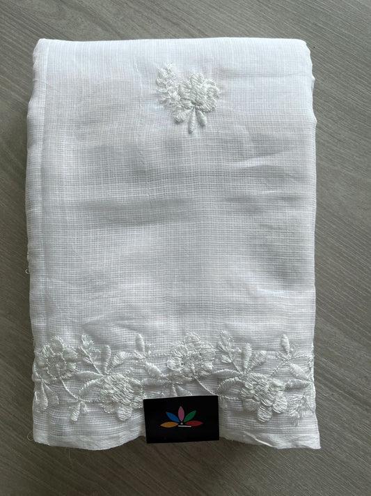 Bright White Machine Embroidered Kota Saree (Without Blouse) -26564