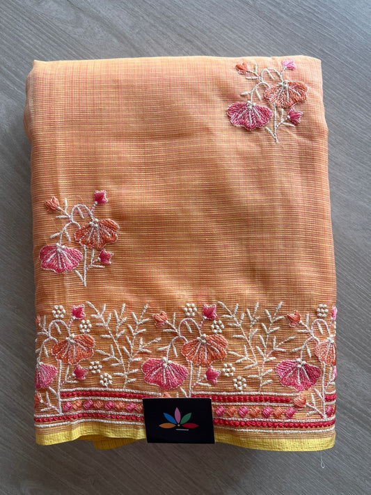 Fuzz Peach Shade Machine Embroidered Kota Saree -26565